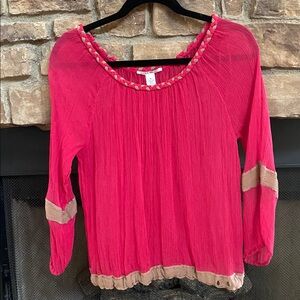 Lucky Brand sheer Pink and Tan Silk Blouse. Medium